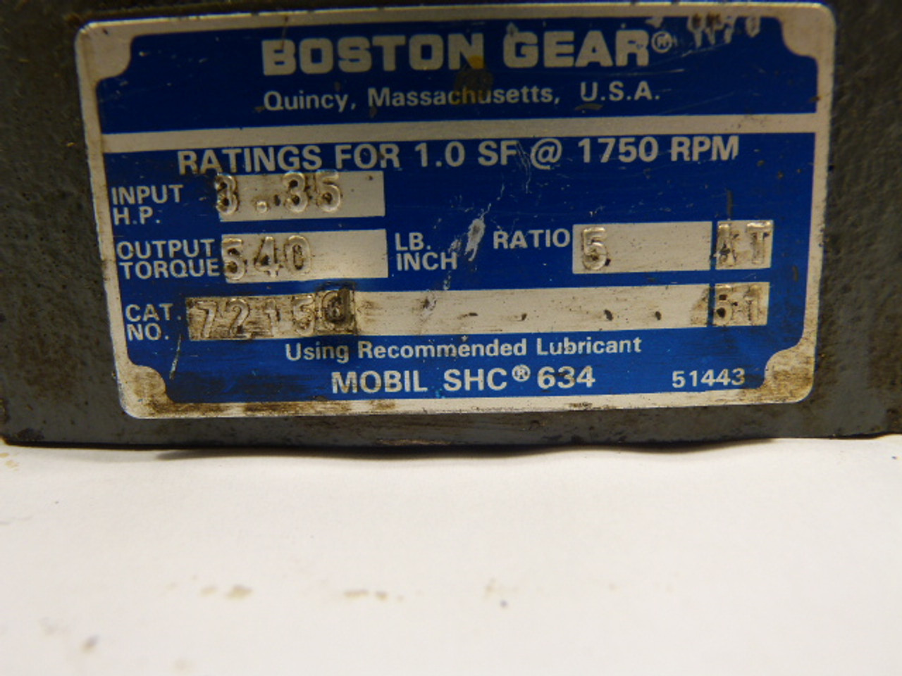 Boston Gear 72150 Gear Reducer 5:1 Ratio 540lb-in 3.35Hp@1750RPM USED