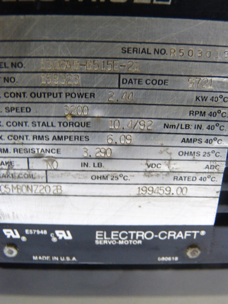 Reliance Electric 1326AB-B515E-21 Servo Motor 3200RPM 460V 10.4Nm USED