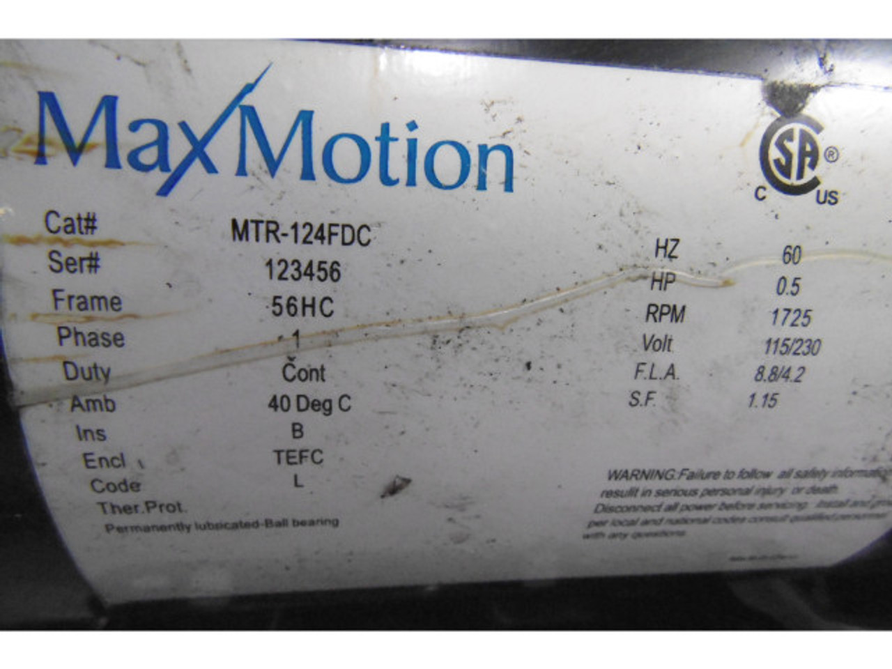 Max Motion MTR-124FDC Electric Motor 1/2HP 1725RPM 115/230V 56HC USED