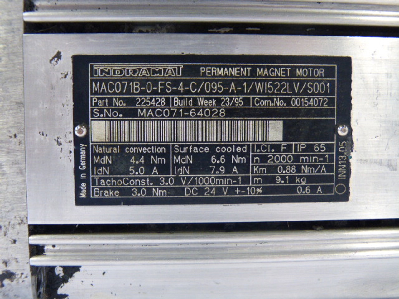 Indramat 225428 Servo Motor 2000RPM 24VDC 6.6Nm 7.9A USED