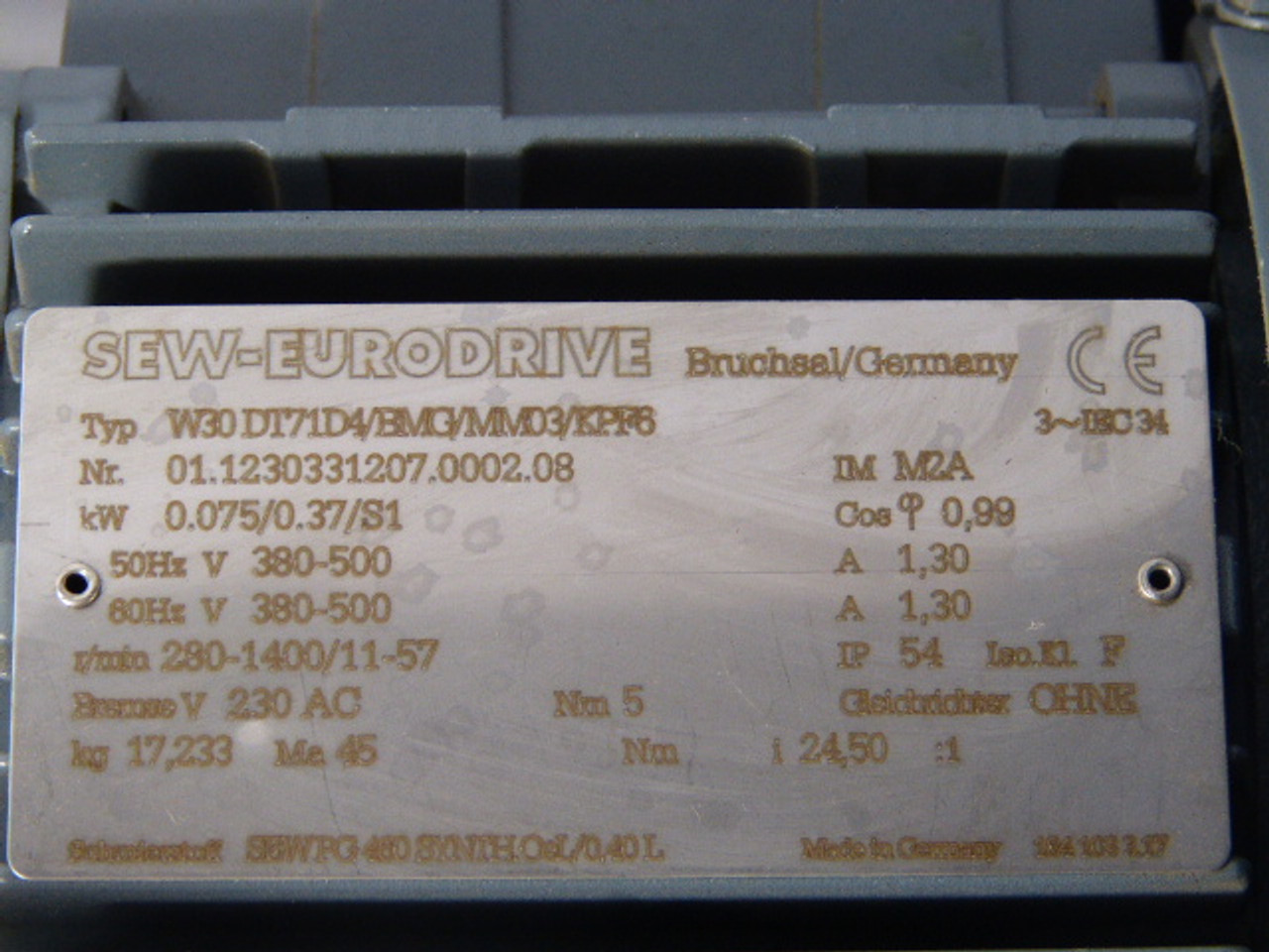 Sew-Eurodrive 0.75kW 280-1400/11-57RPM C/W Gear Reducer 24.50:1 Ratio USED