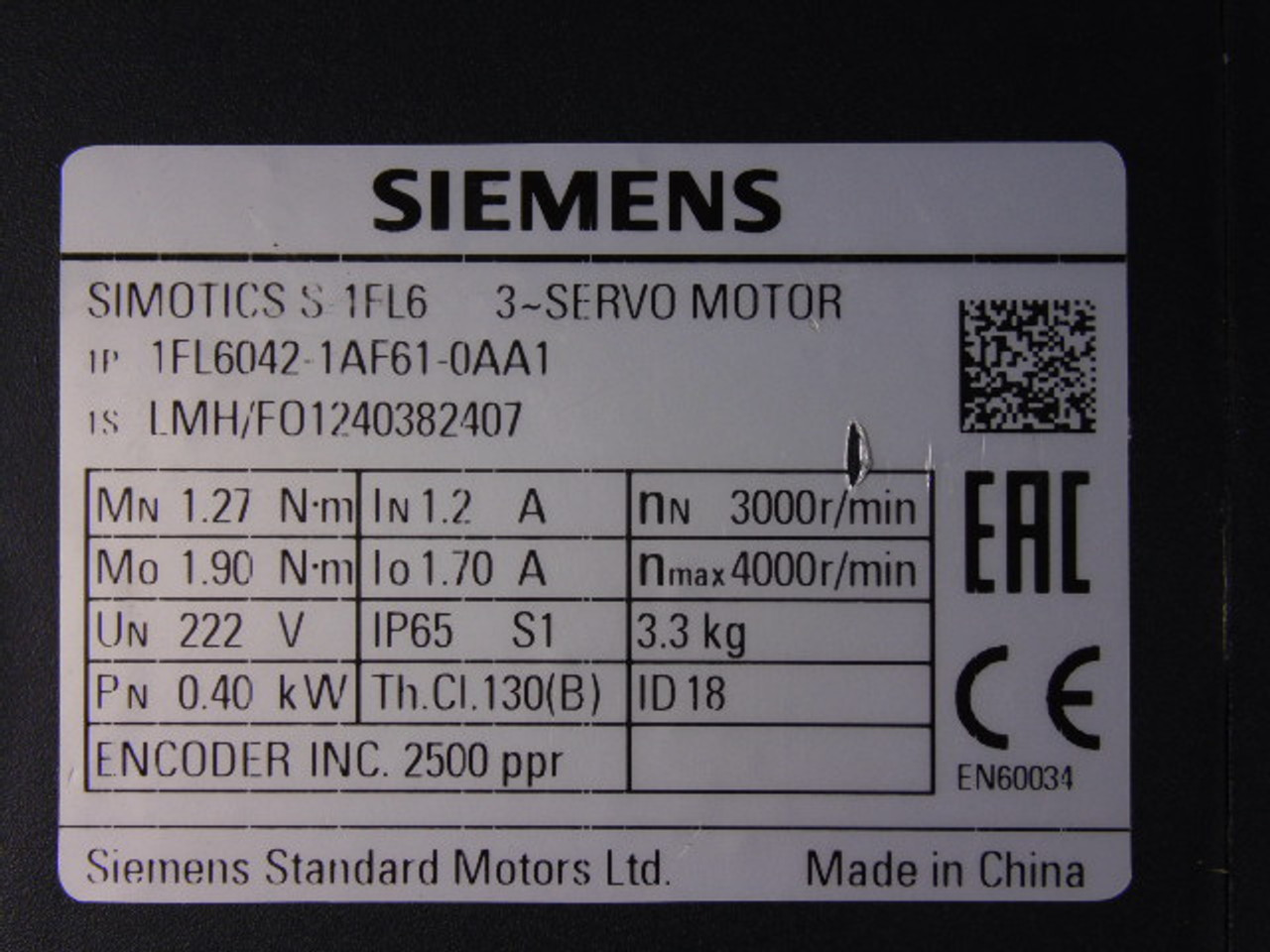 Siemens 1FL6042-1AF61-0AA1 Servo Motor .40KW 4000RPM 222V 1.90Nm 1.70A USED