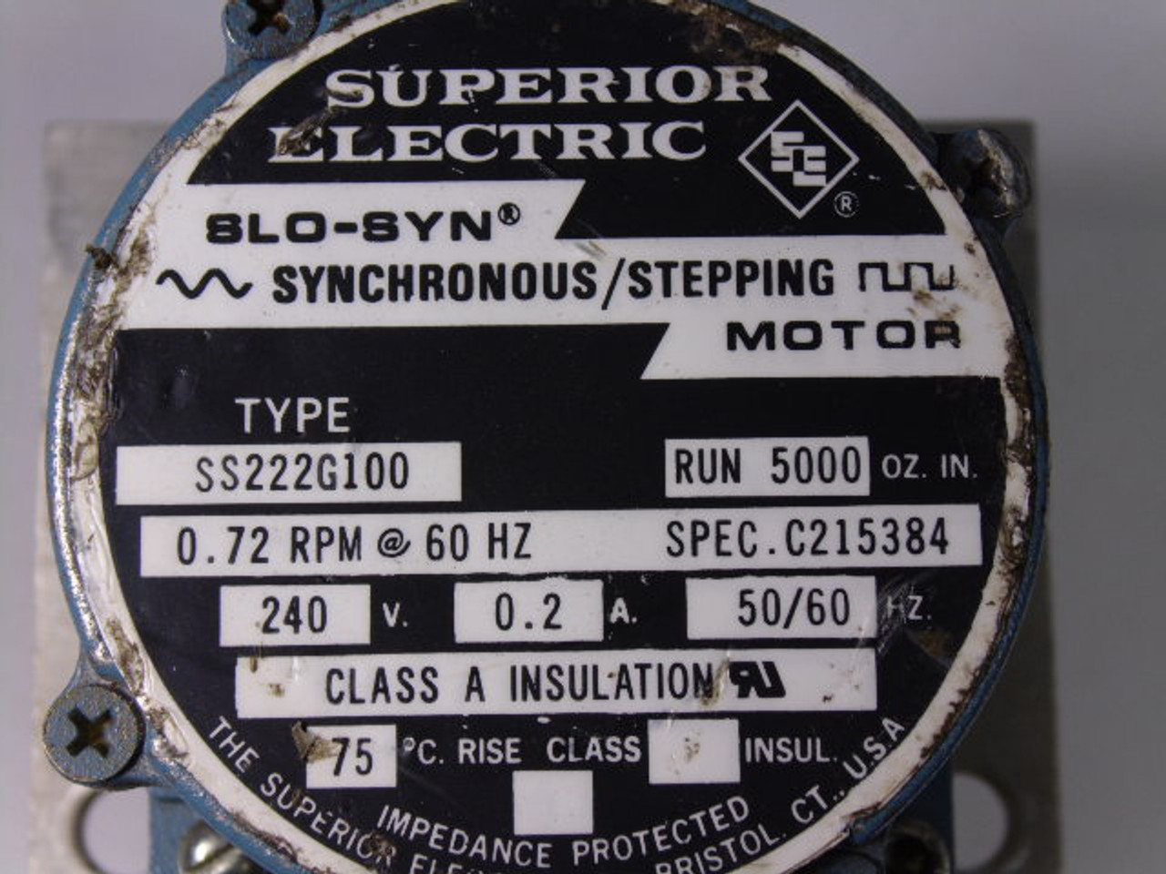 Superior Electric SLO-SYN Type SS222G100 Stepper Motor 0.72RPM 0.2A 240V USED