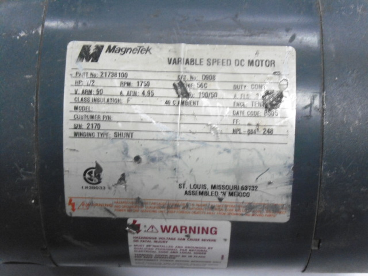 Magnetek 1/2HP 1750RPM 90V 56C TEFC 4.95A USED