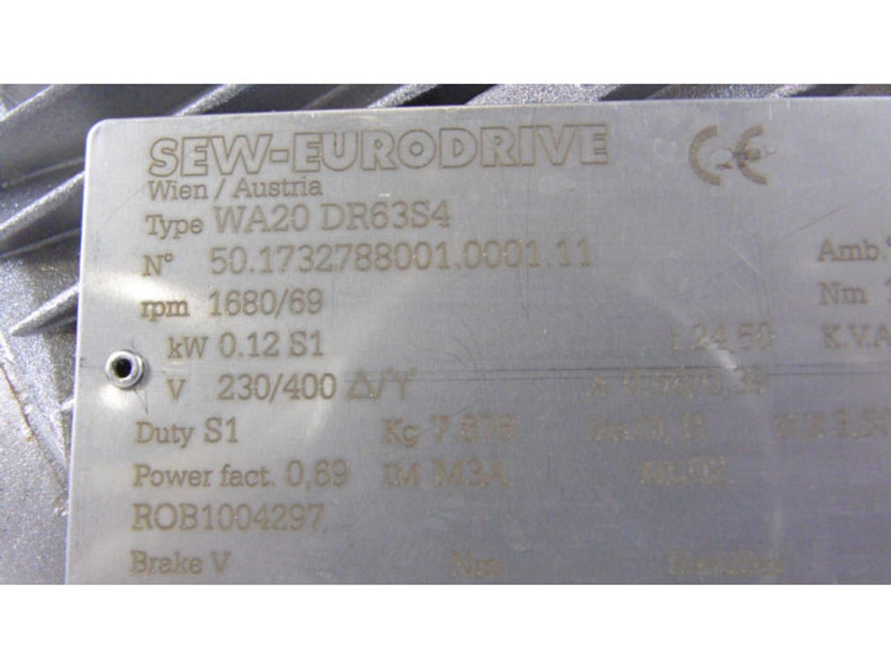 Sew-Eurodrive WA20-DR63S4 Gear Motor .12KW 1680RPM .68AMP 230-400VAC USED