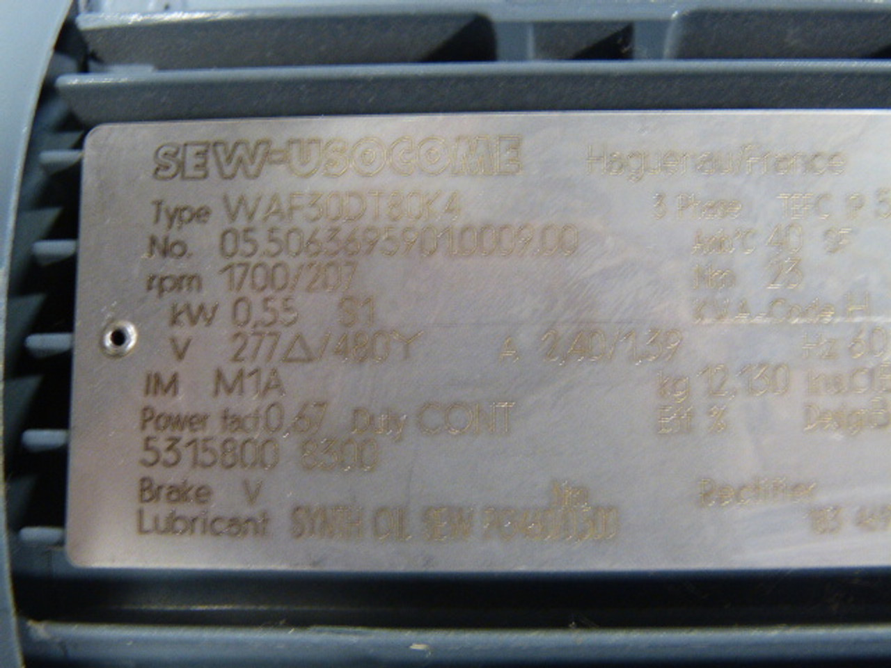 Sew-Usocome WAF30DT80K4 Ac Motor 3/4Hp 575V 60Hz 1690RP 2450/1 Ratio USED