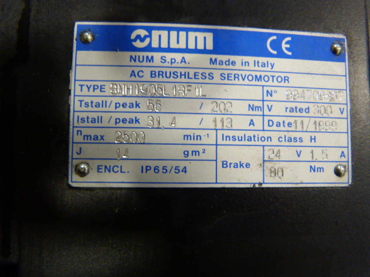 Num BMH1905L1RF1L Brushless Servo Motor 2500RPM 300V 56/202Nm 31.4/113A USED