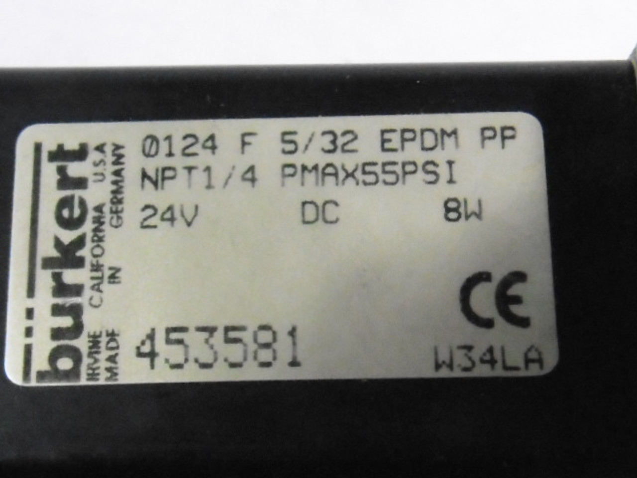 Burkert 453581 0124-F-5/32-EPDM-PP Solenoid Valve 24V DC USED