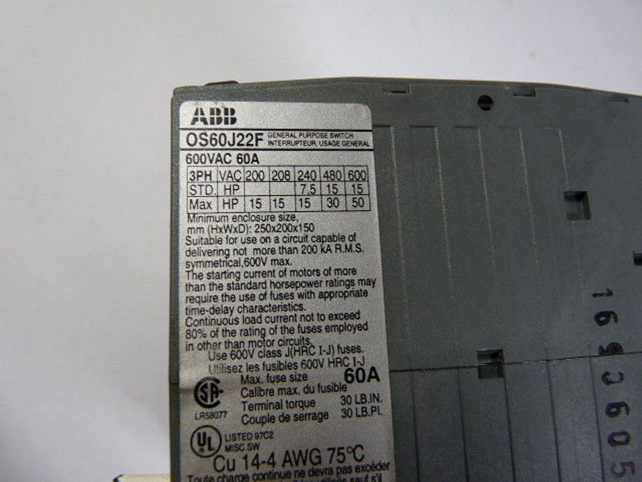 ABB OS60J22F Disconnect Switch 60 Amp 600V USED