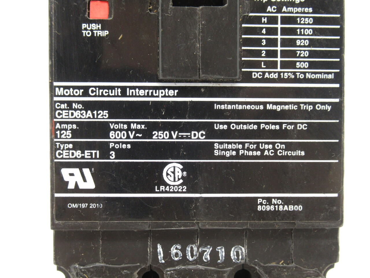 Siemens CED63A125 Molded Case Circuit Breaker 125A 600V 3 Phase NOP