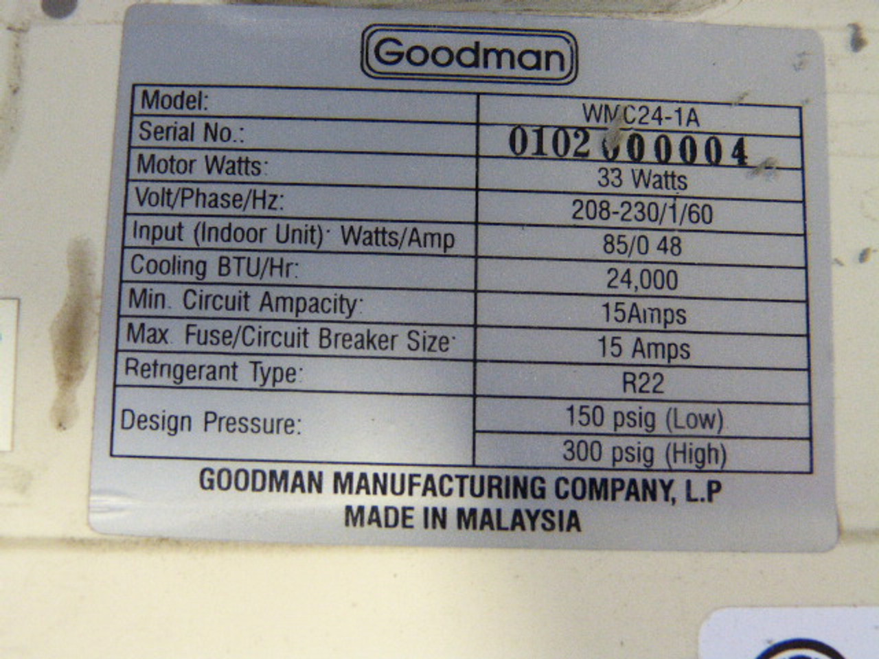 Goodman WMC24-1A Air Conditioning Unit 208-230V 1Ph 60Hz 15A USED