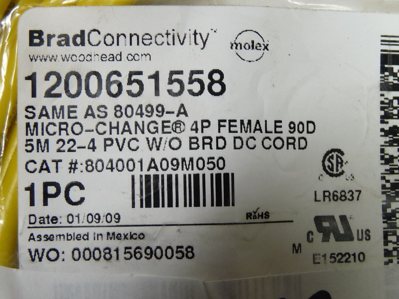 Brad Woodhead 804001A09M050 Micro-Change 5-Pin Female Cord 90? ! NEW !