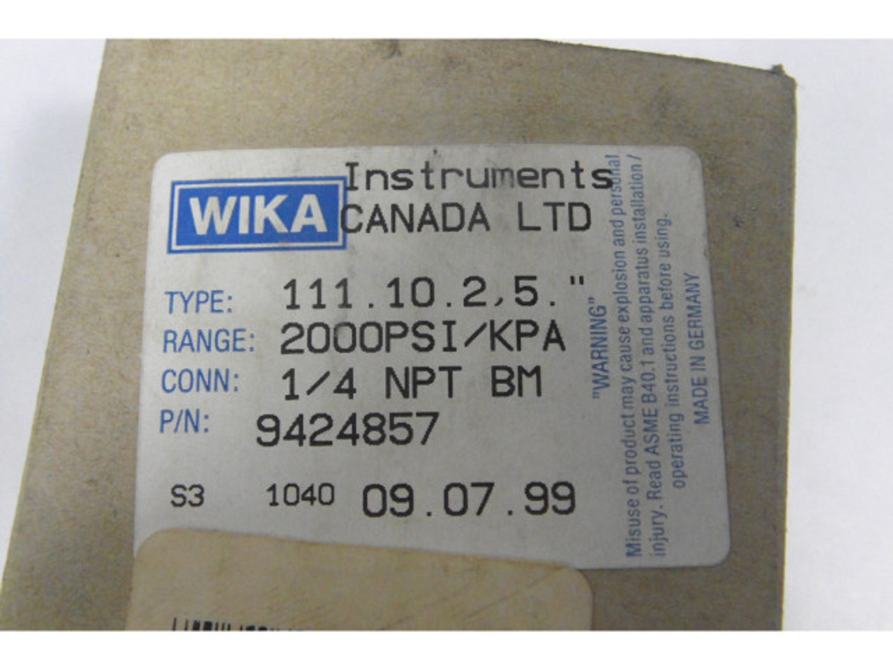 Wika 9424857 Pressure Gauge 2000PSI ! NEW !