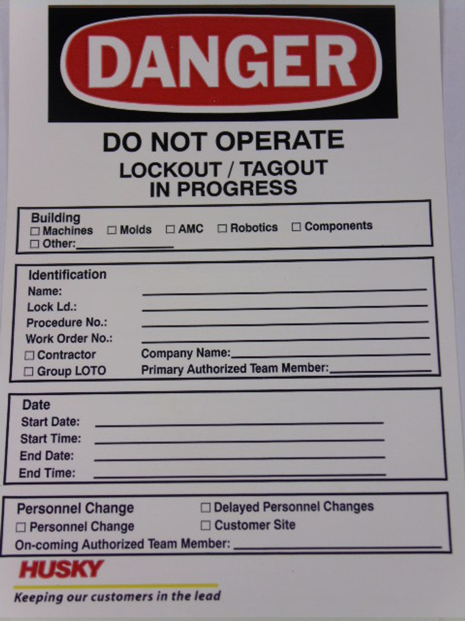 Husky Lockout Tag Danger Do Not Operate Lockout/Tagout In Progress Lot of 50 NOP