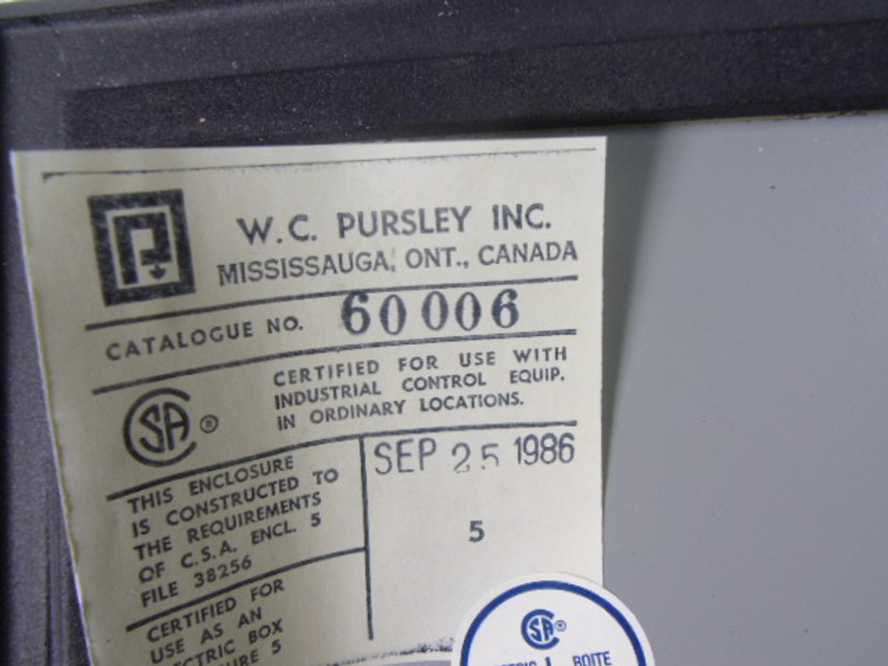 W.C. Pursley 60006 Type 5 Enclosure USED