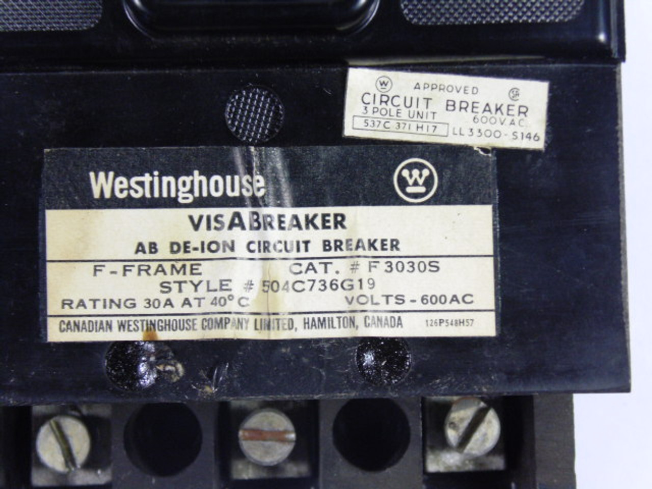 Westinghouse F3030S VISABREAKER Circuit Breaker 3Pole 600VAC 30A USED