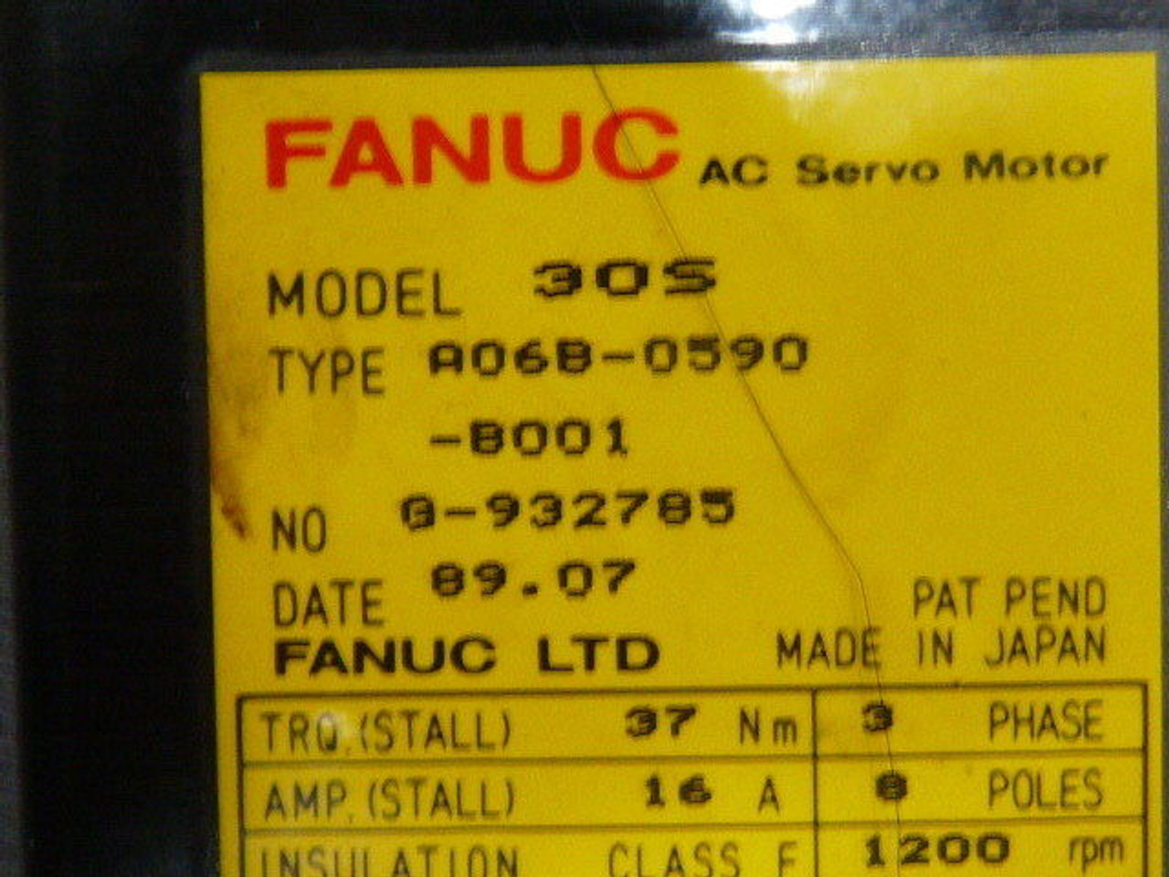 Fanuc A06B-0590-B001 Class F Servo Motor 3Ph 8-Pole 16A 156V 1200RPM USED