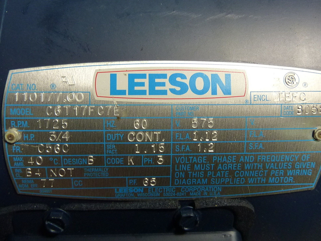 Leeson C6T17FC7E 3/4HP 1725RPM 575V C56C TEFC 3Ph 1.12A 60Hz USED