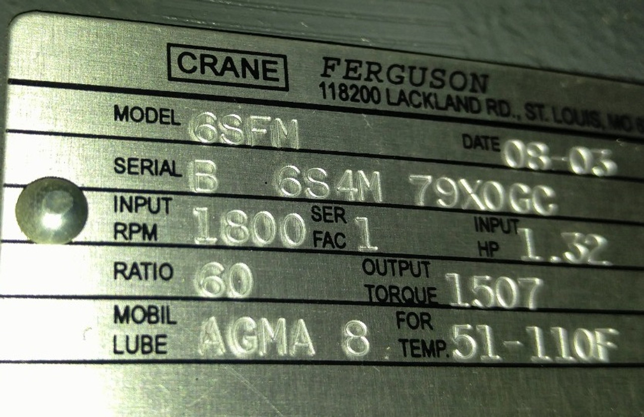 Crane Ferguson 6SFM Gear Reducer 60:1 Ratio 1507lb-in 1.32HP@1800RPM USED