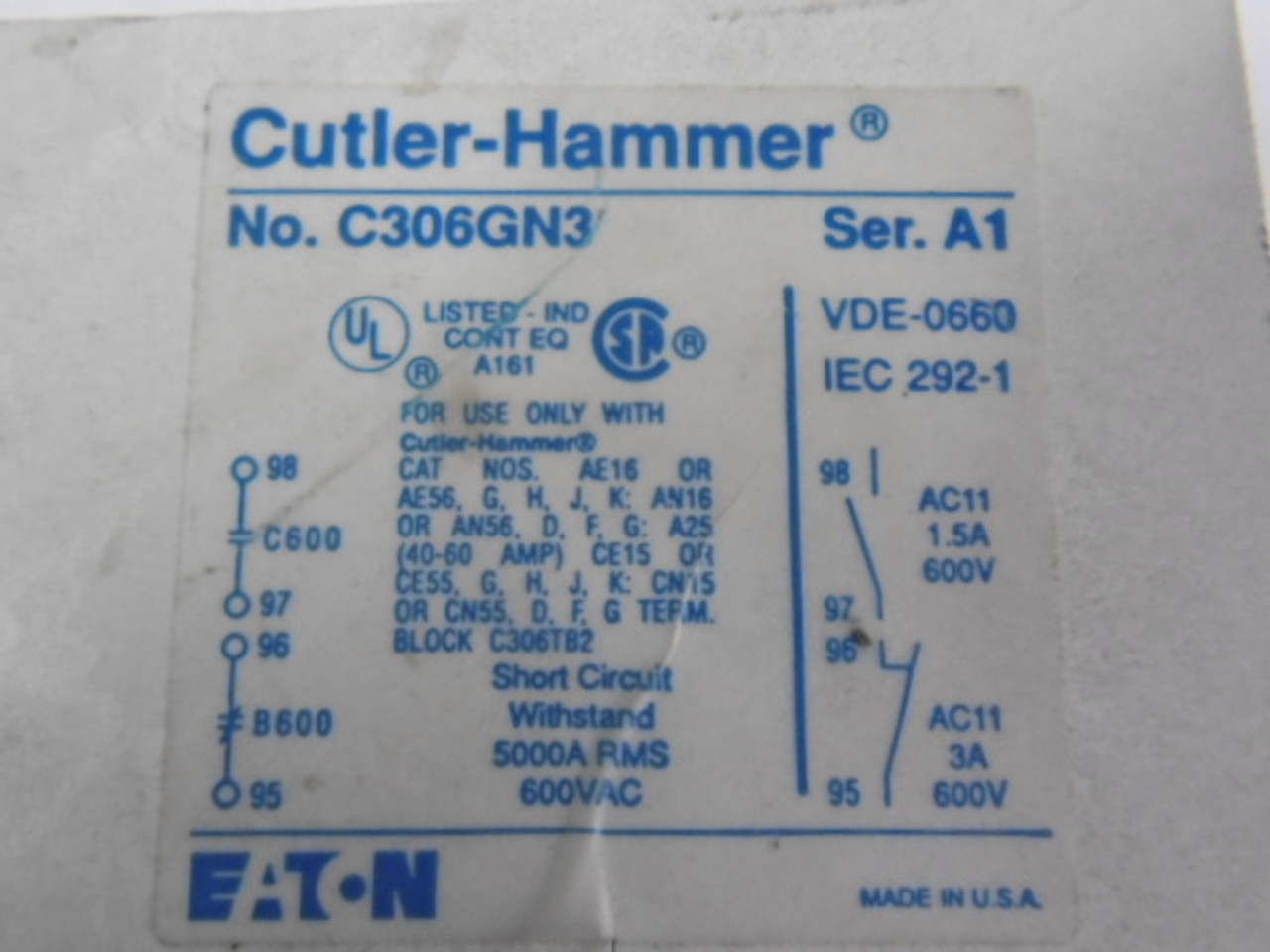 Cutler-Hammer C306GN3 Overload Relay 3A 600V NO LUGS USED