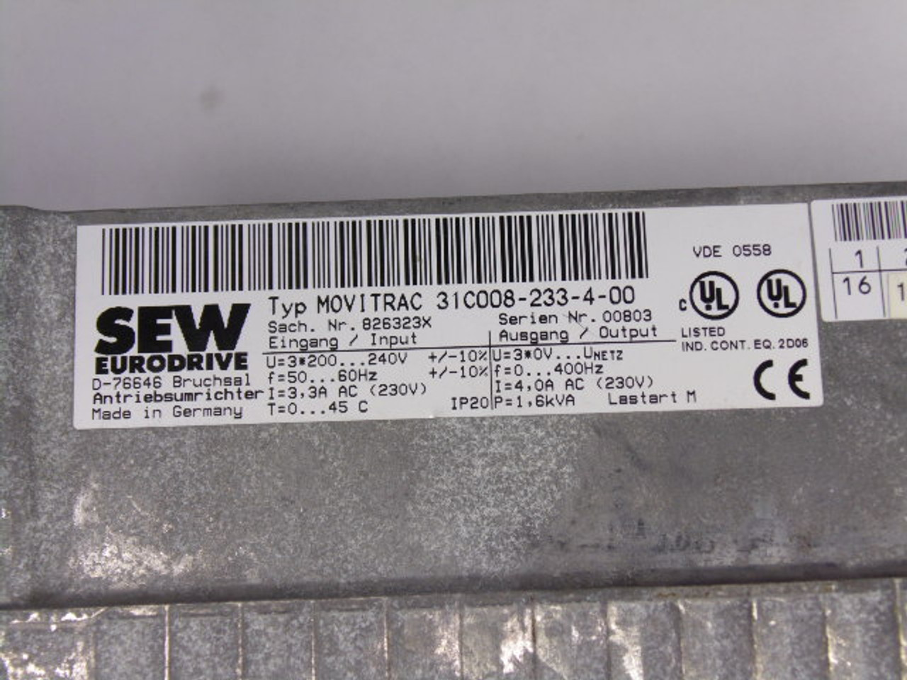 Sew-Eurodrive 31C008-233-4-00 AC Drive 1.6KVA Missing Lower Cover  ! AS IS !