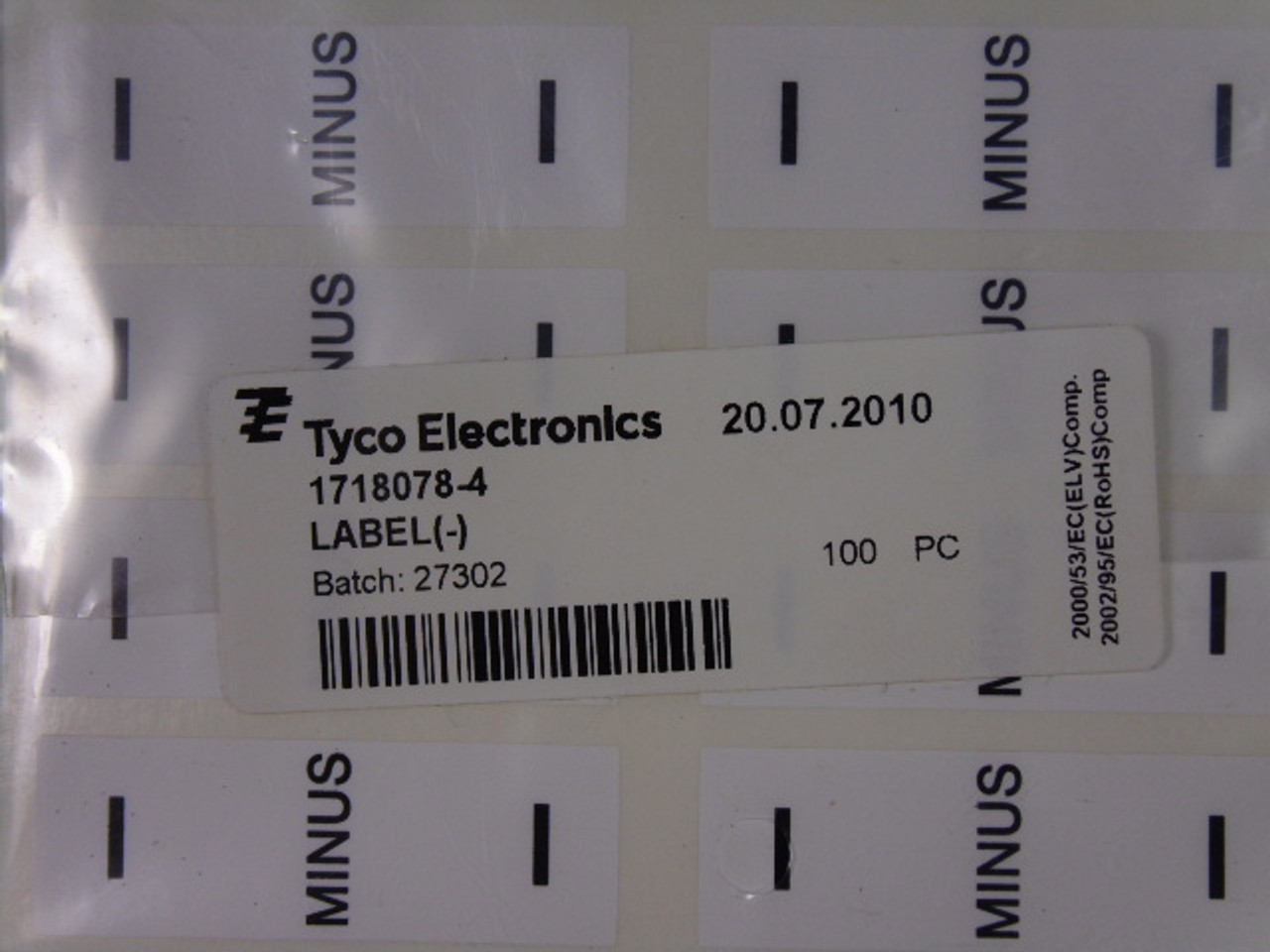 Tyco Electronics 1718078-4 Minus -  Warning Tag Label Marker 100-Pack NWB