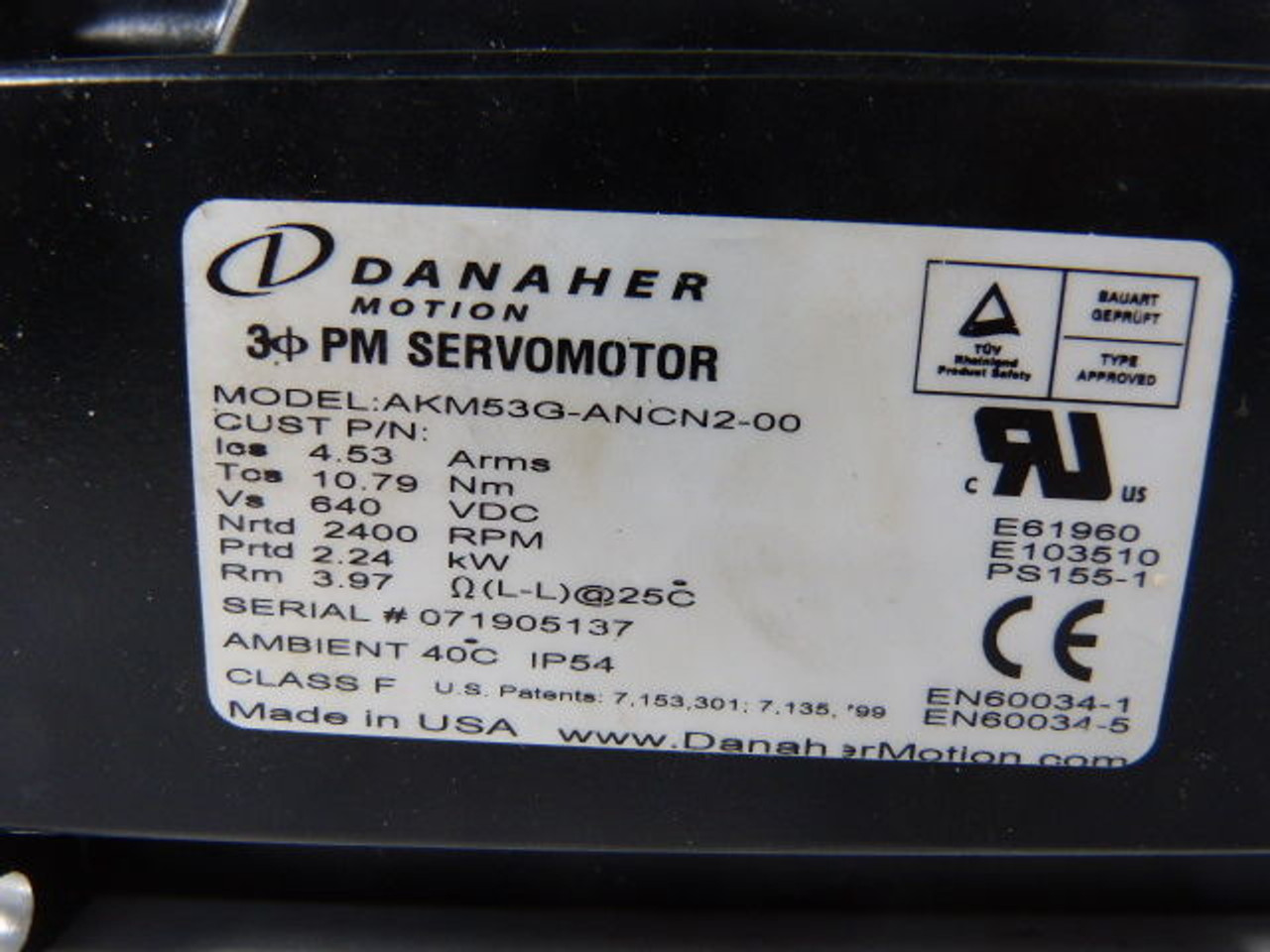 Danaher Servo Motor 2.24kW 2400RPM 640VDC 10.79Nm 4.53A USED
