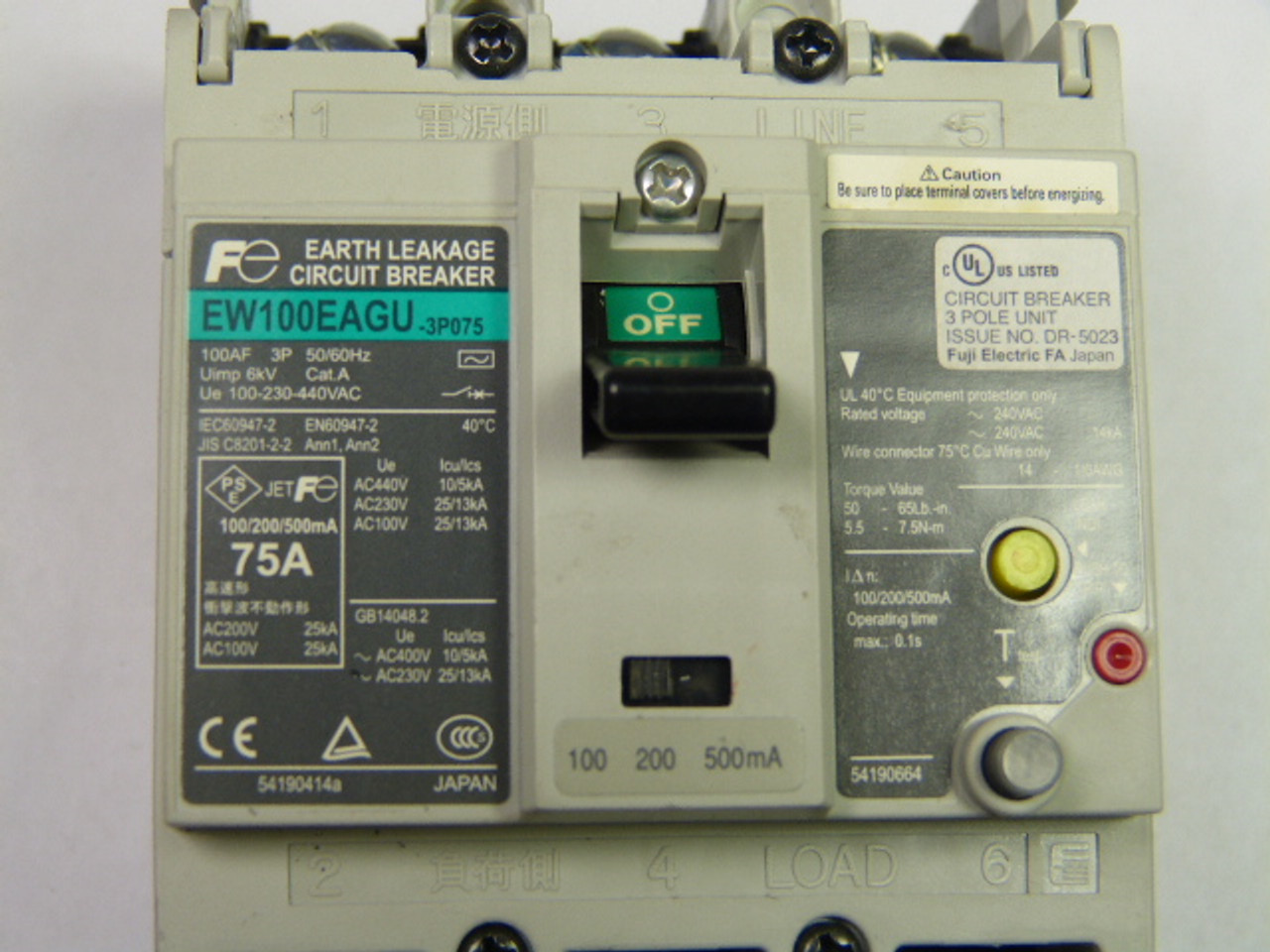 FujiElectric  EW100EAGU-3P075 Earth Leakage Circuit Breaker 75A 50/60Hz USED