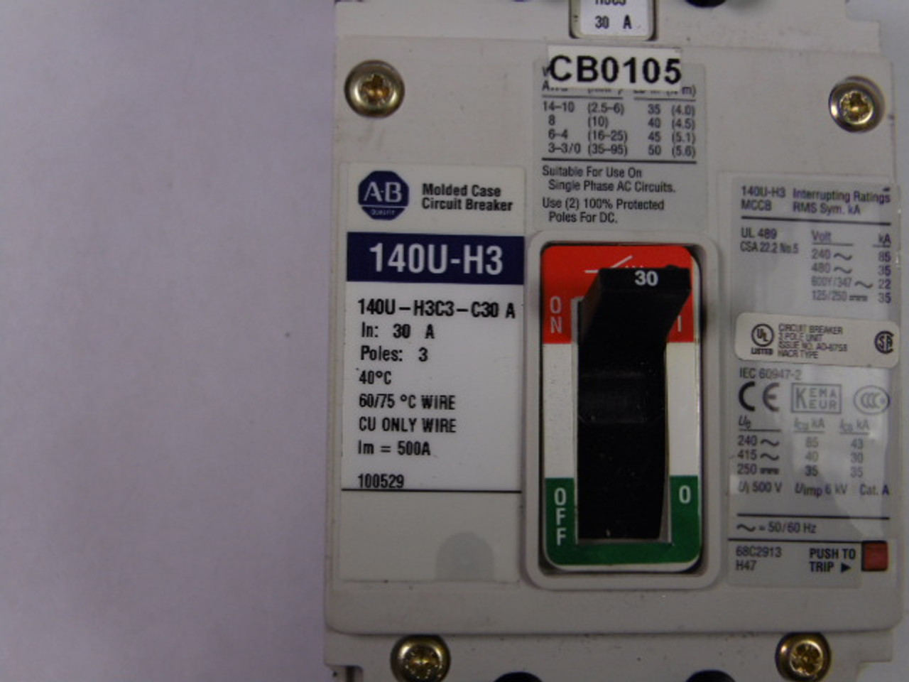 Allen-Bradley 140U-H3C3-C30A Molded Case Circuit Breaker 125A H-Frame USED