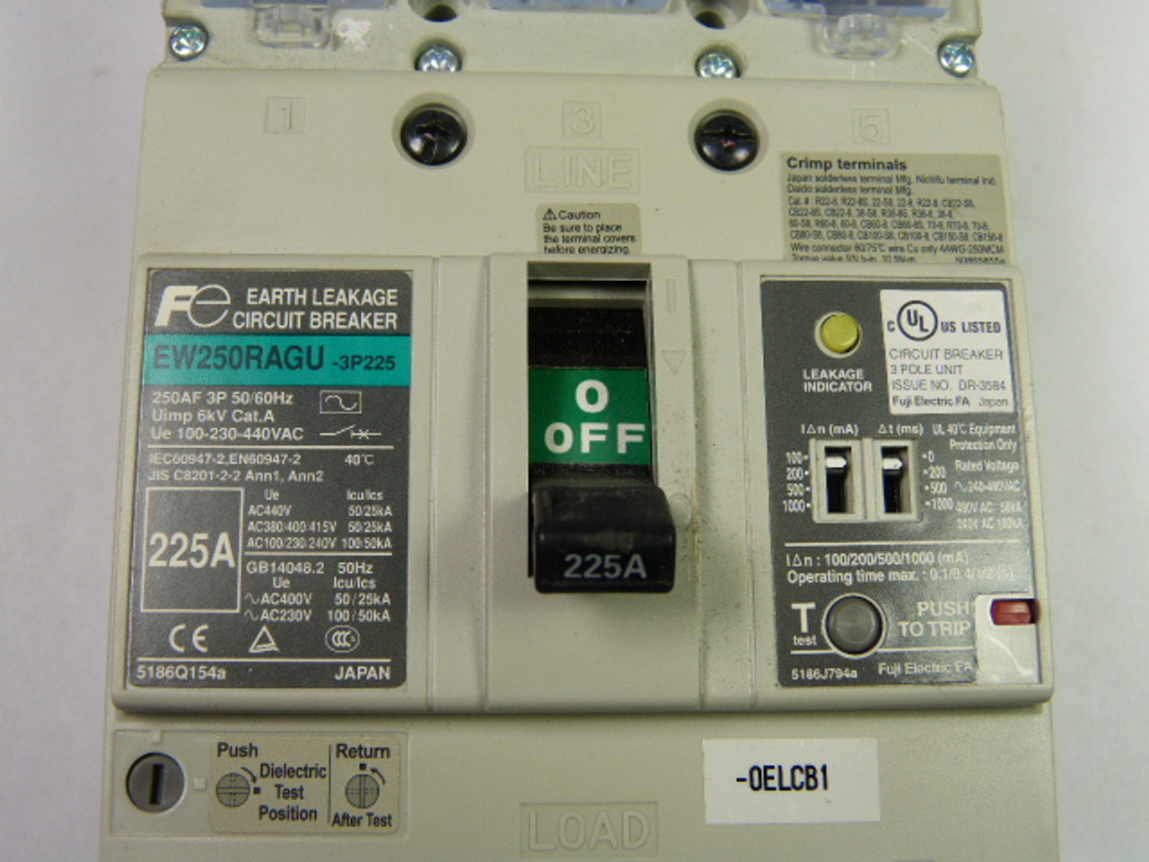 Fuji Electric EW250RAGU-3P225 Circuit Breaker 225A 3P 50/60Hz USED