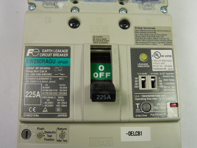 Fuji Electric EW250RAGU-3P225 Circuit Breaker 225A 3P 50/60Hz USED