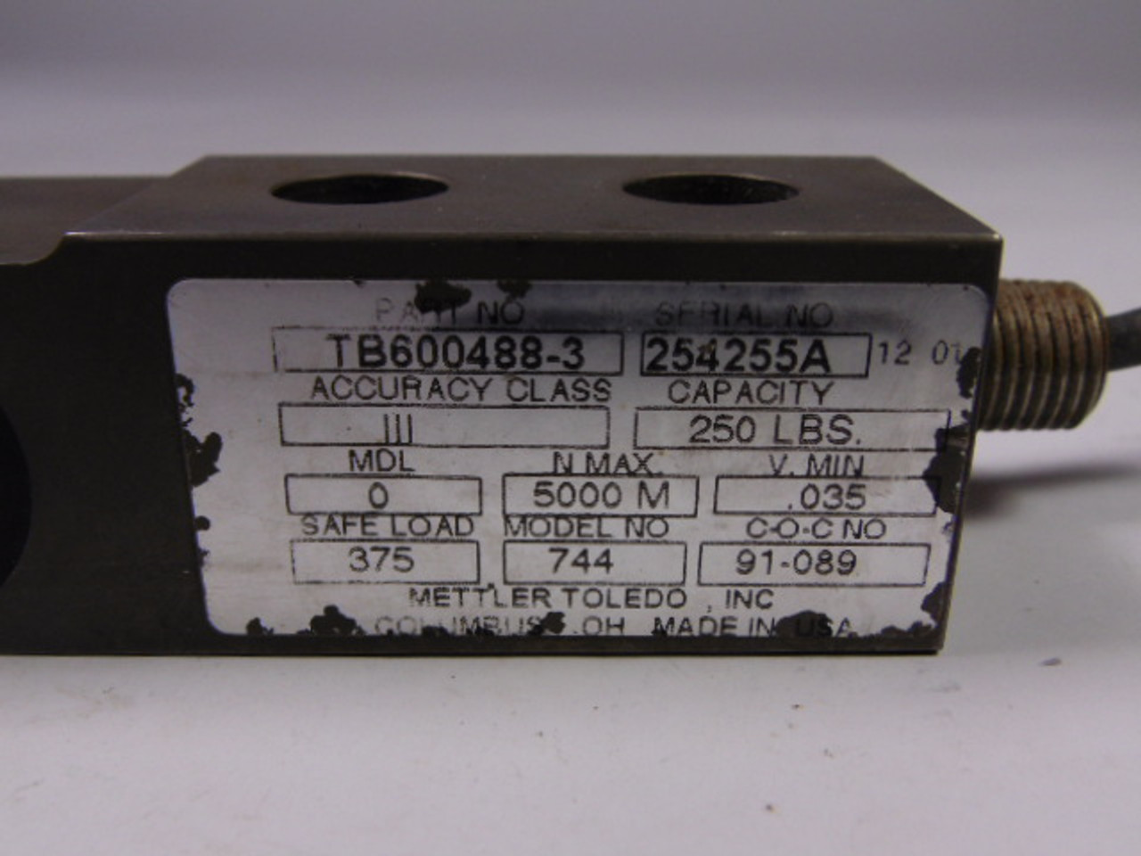 Mettler Toledo TB600488-3 Load Cell 250lbs USED