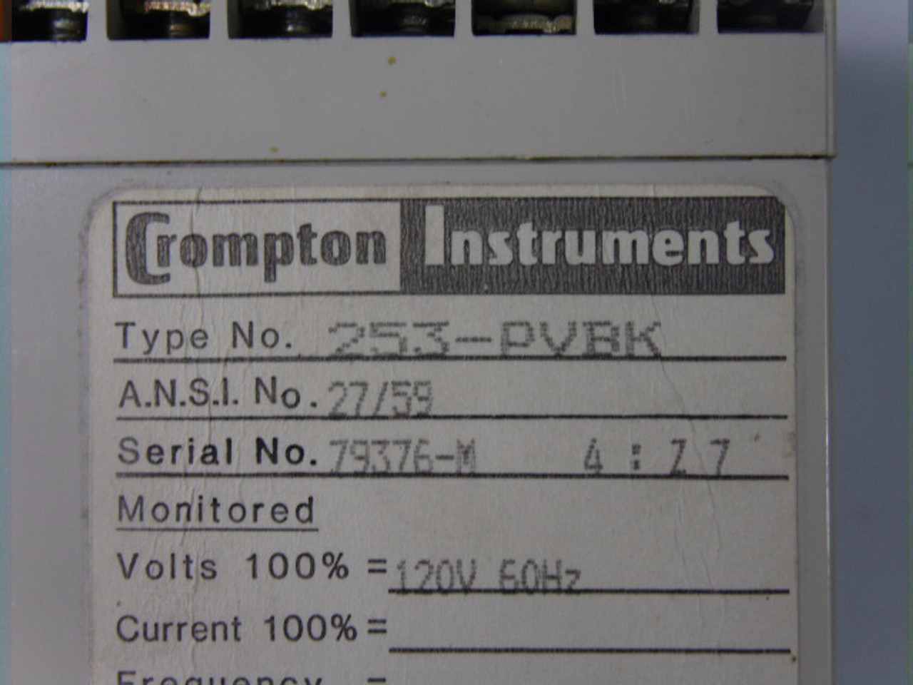 Crompton Instruments 253-PVBK Protector Relay 120V 60Hz USED