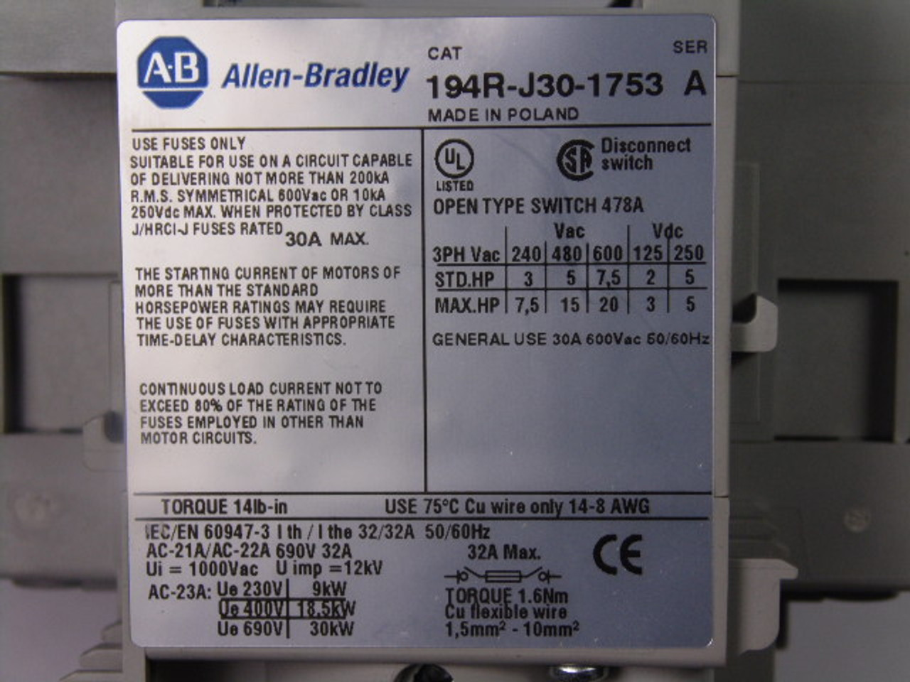 Allen-Bradley 194R-J30-1753 Open Type Disconnect Switch 3Pole 30Amp USED