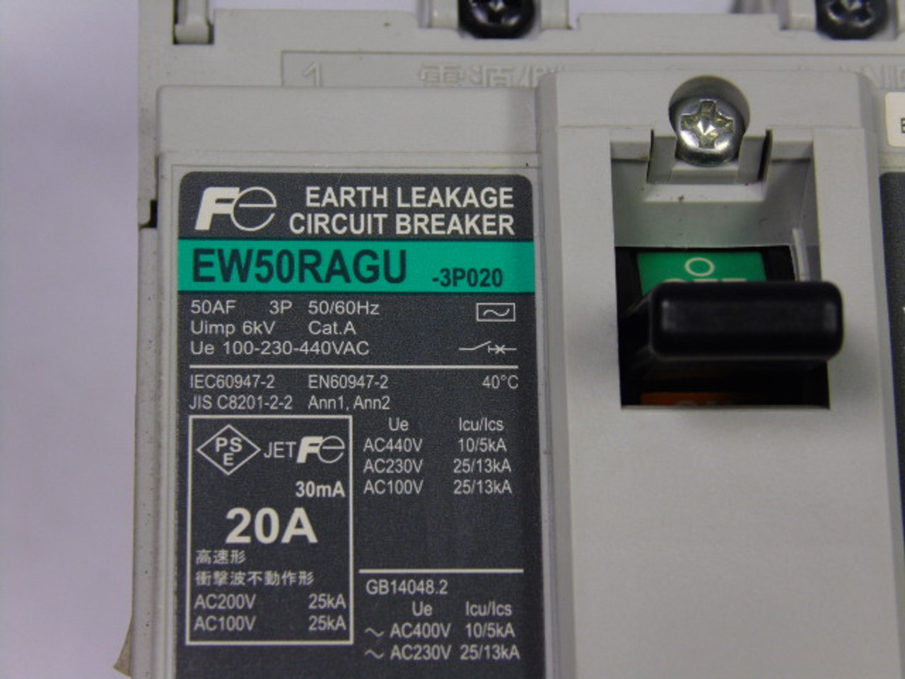 Fuji Electric EW50RAGU3P020 Earth Leakage Circuit Breaker 20A 3pole USED