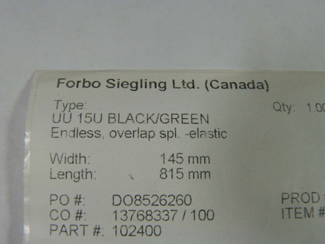 Forbo UU-15U Endless Black/Green Conveyor 145MM W 815MM L ! NOP !