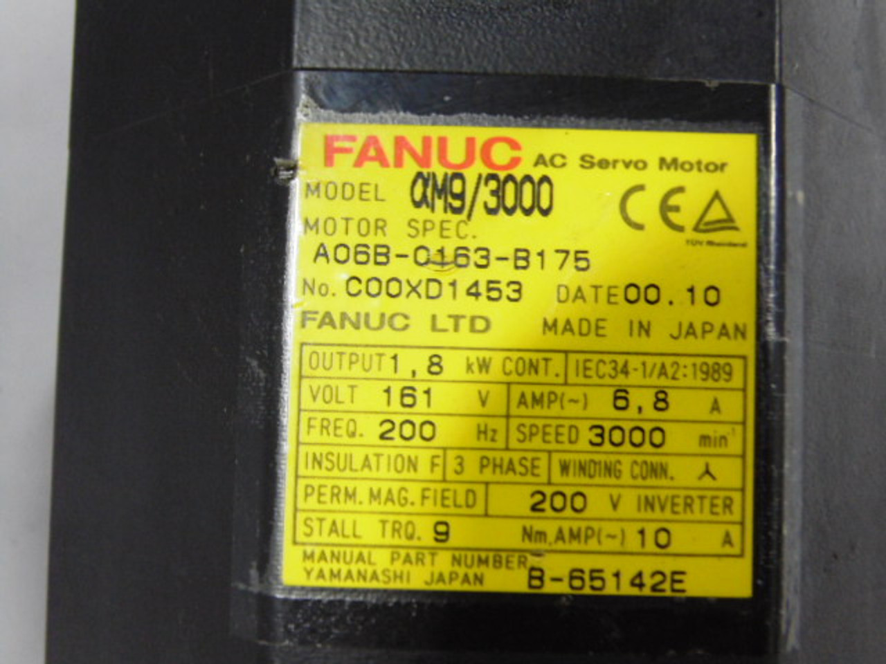 Fanuc A06B-0163-B175 Servo Motor 1.8kW 3000RPM 161V 9Nm 6.8A USED