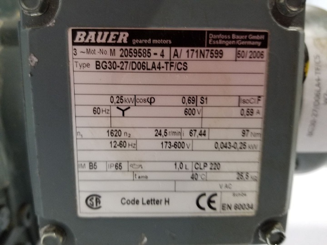 Bauer 0.043-0.25kW 24.5RPM 173-600V TEFC 3Ph 0.59A 60Hz 67.44:1 Ratio USED