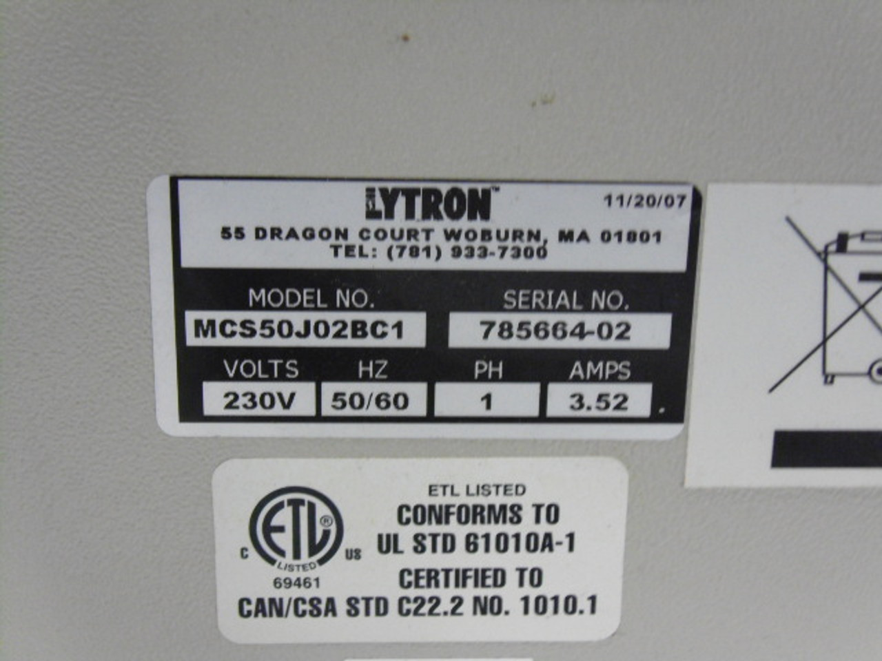 Lytron MCS50J02BC1 Modular Cooling System 230V 3.52A USED