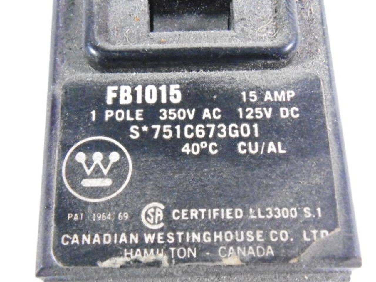 Westinghouse FB1015 Circuit Breaker 1-Pole 15A 350V AC 125V DC USED