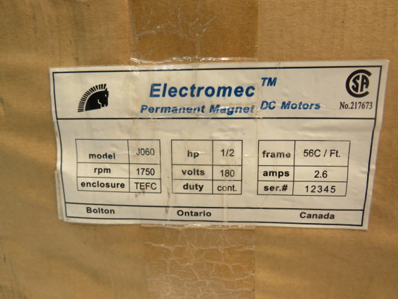 Electromec 1/2HP 1750RPM 180V 56C TEFC 2.6A ! NEW !