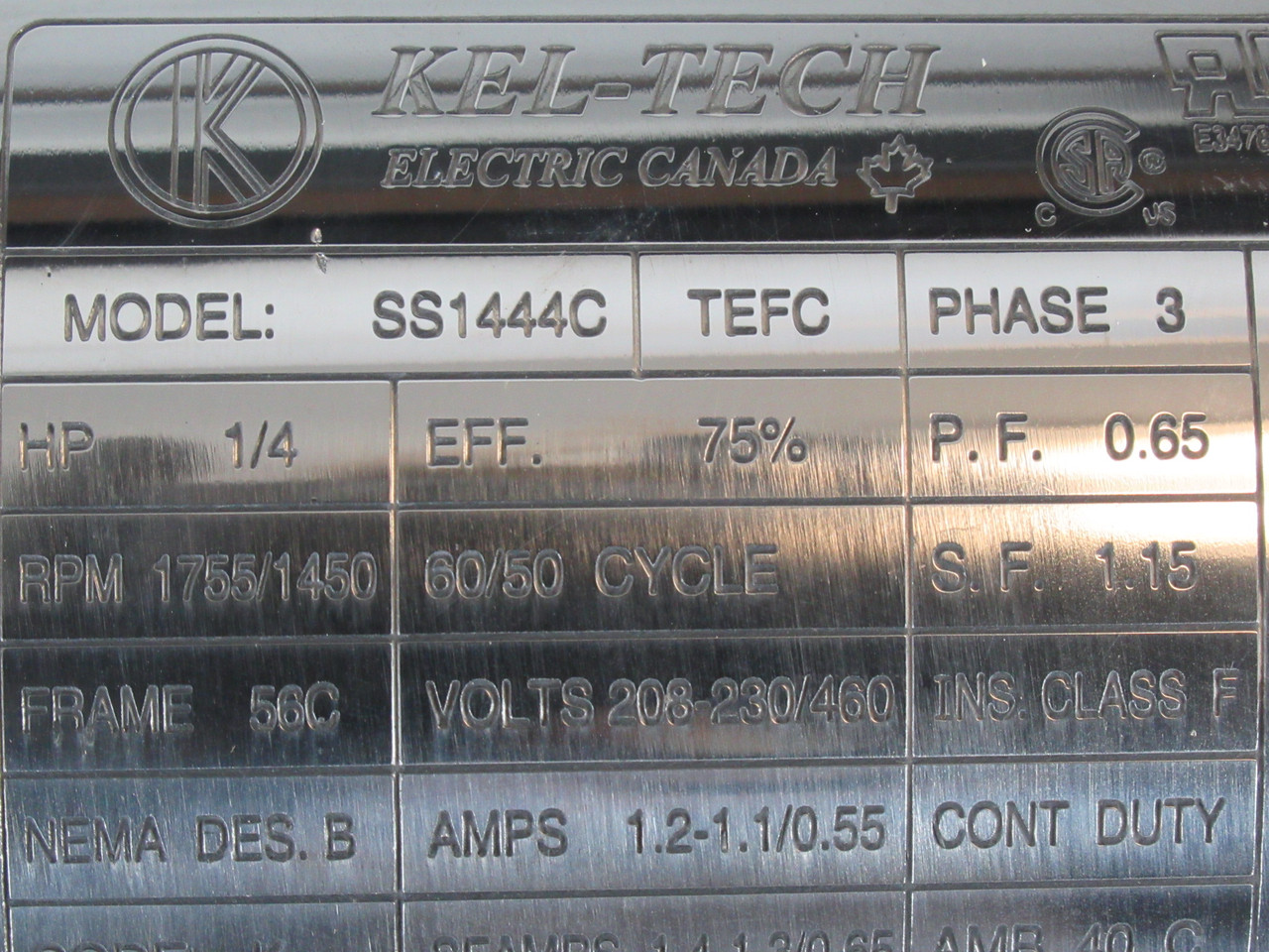 Kel-Tech 1/4HP 1755/1450RPM 208-230/480V 56C TEFC 3Ph ! NEW !