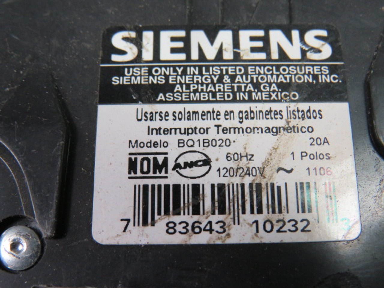 Siemens BQ1-B020 Circuit Breaker 20A 1-Pole USED