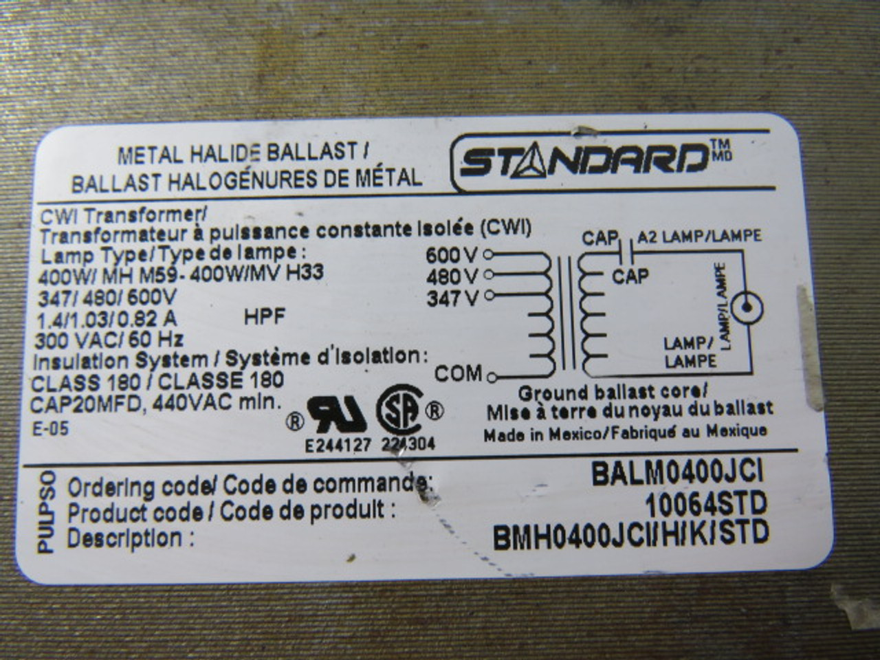 Standard Products BALM0400JCI Magnetic Metal Halide Ballast 400 W USED