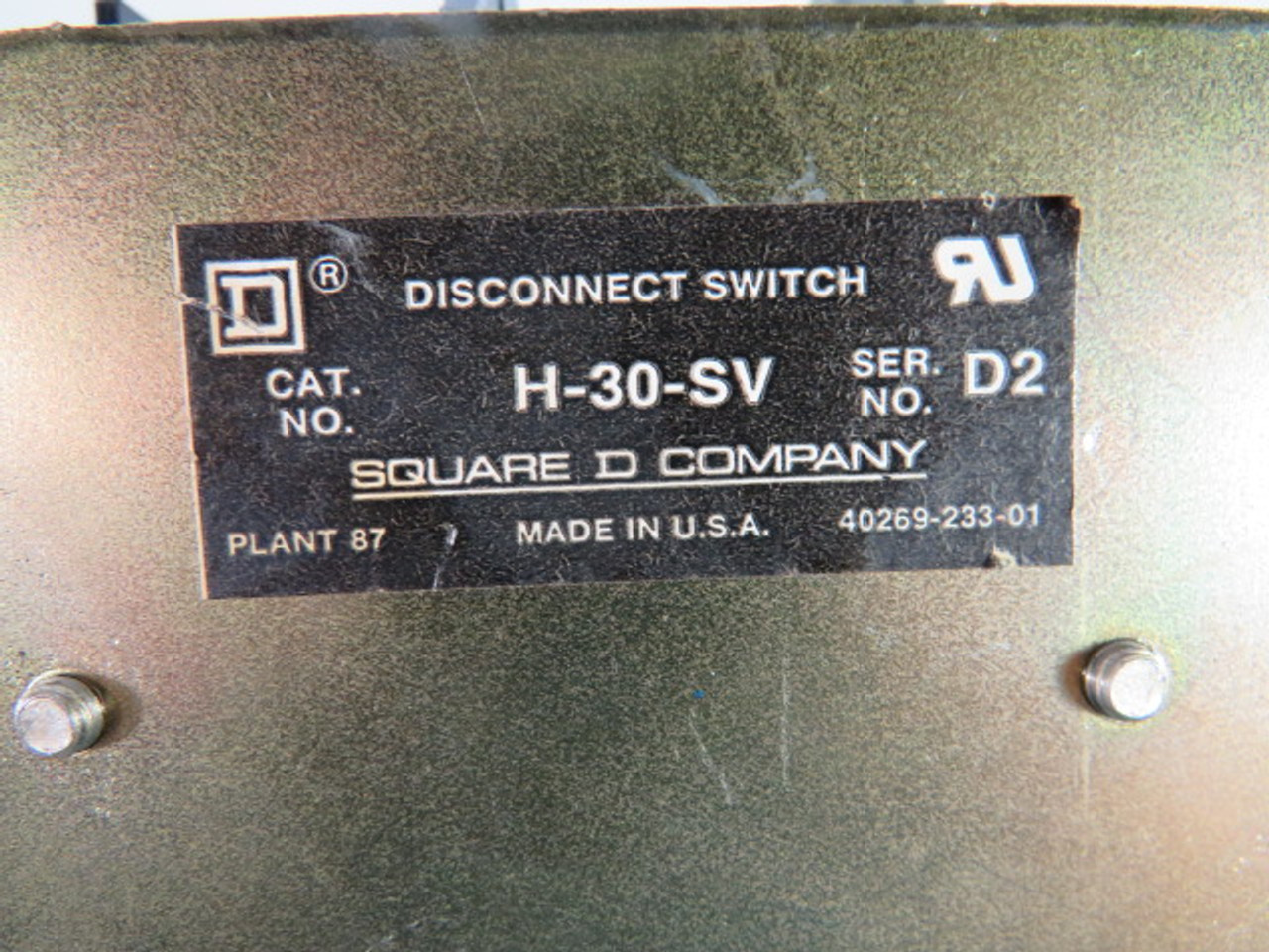 Square D H-30-SV Disconnect Switch 30A 600VAC/VDC USED
