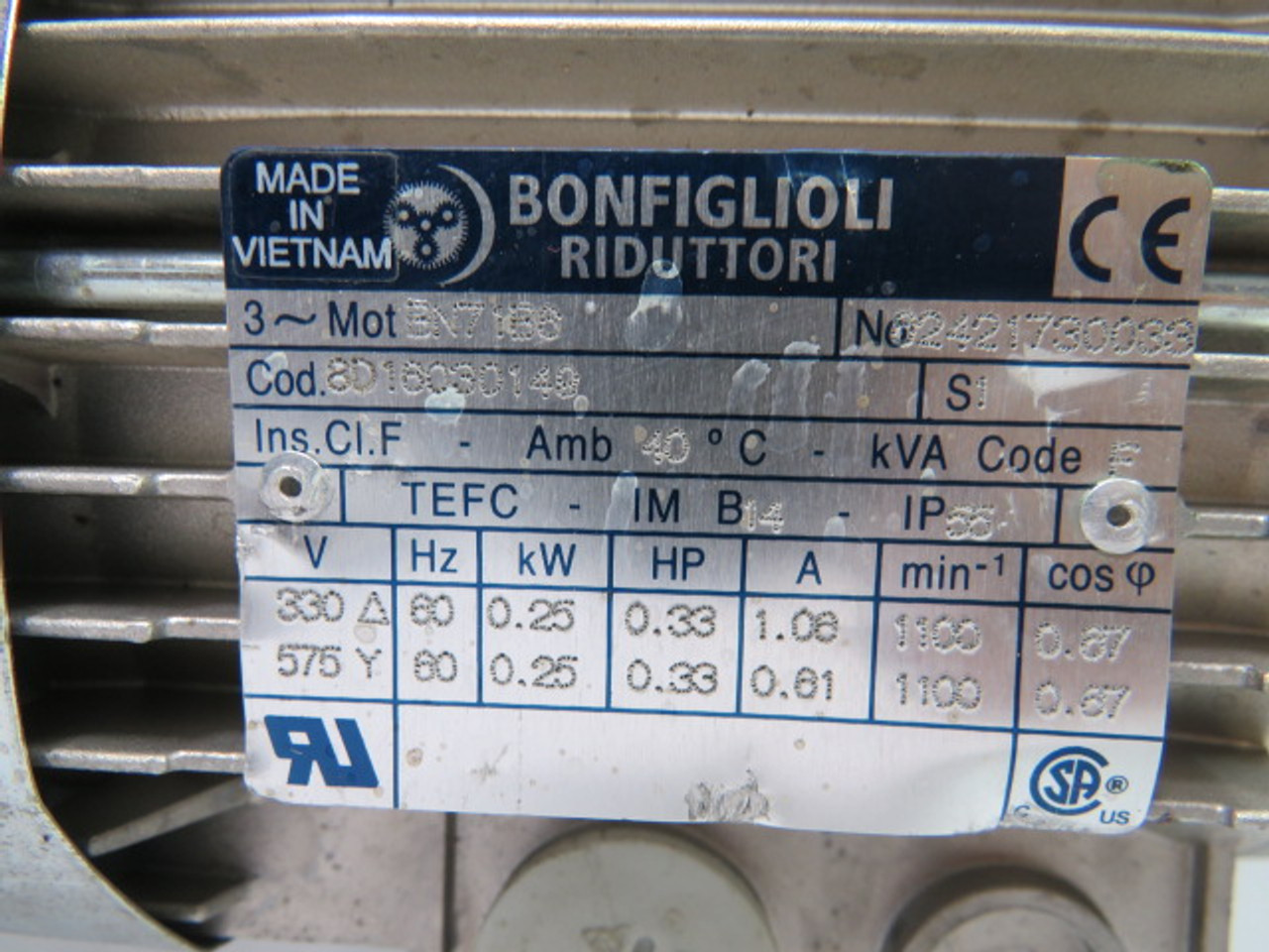 Bonfiglioli 0.33HP 1100RPM 330/575V TEFC 3Ph 1.06/0.61A 60Hz ! NEW !