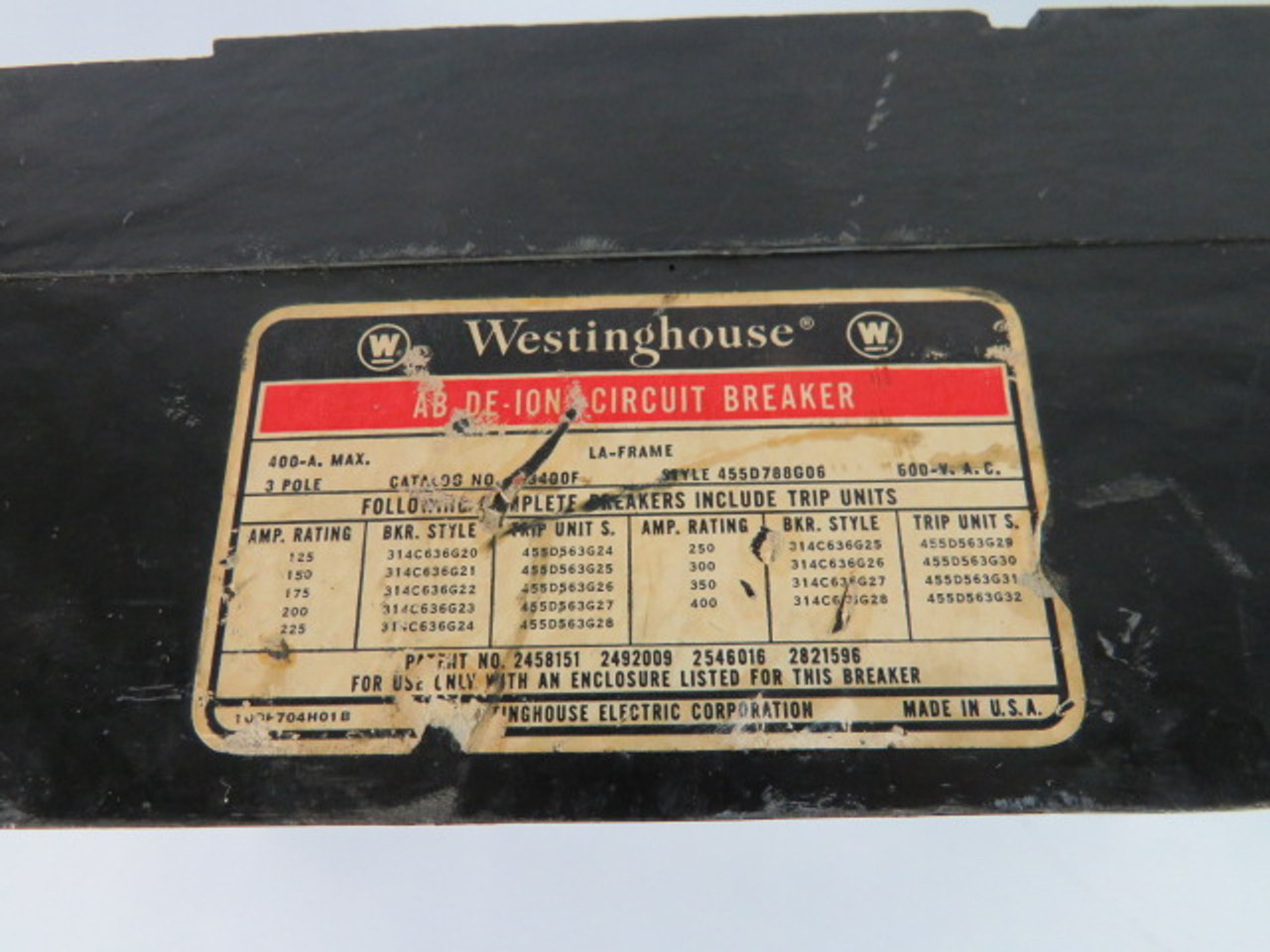 Westinghouse LA3400F AB DE-ION Circuit Breaker 400A 3Pole 600VAC USED