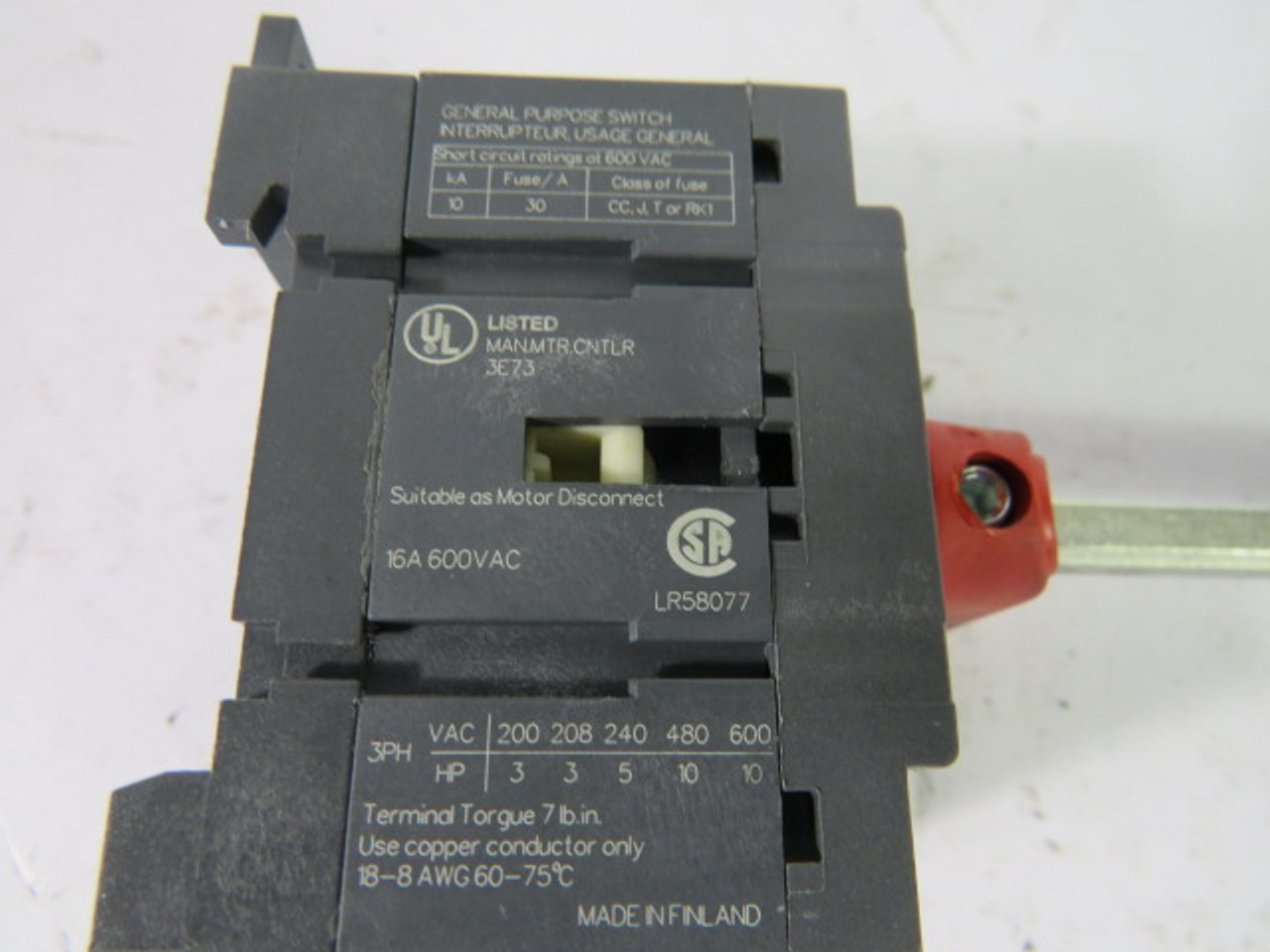 Bussmann CDNF16 Non-Fusible Disconnect Switch 16A 3-Pole 600V 10HP USED