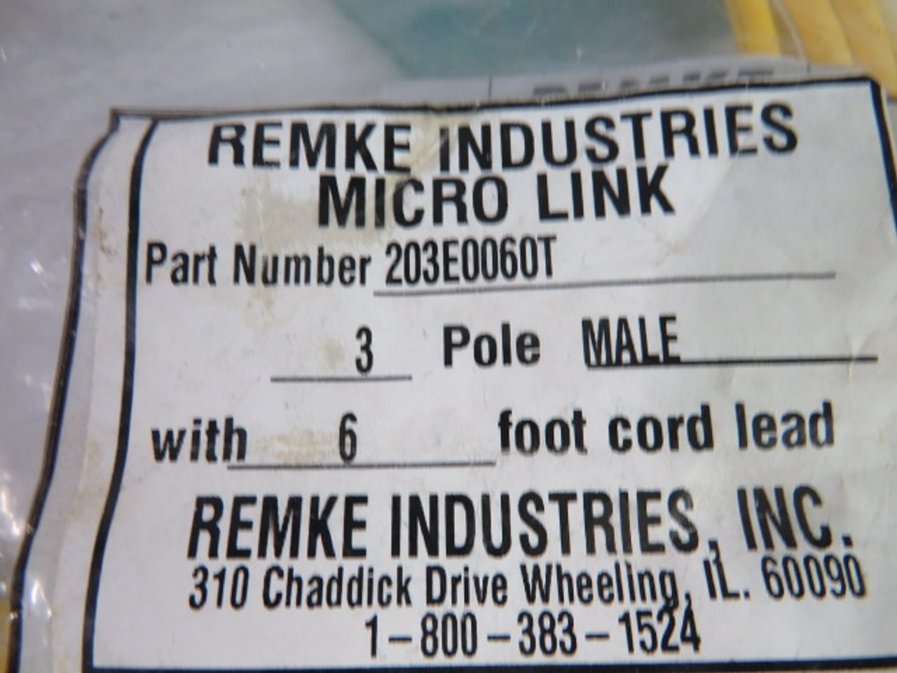 Remke 203E0060T 3P Male 6' Yellow Cord NWB