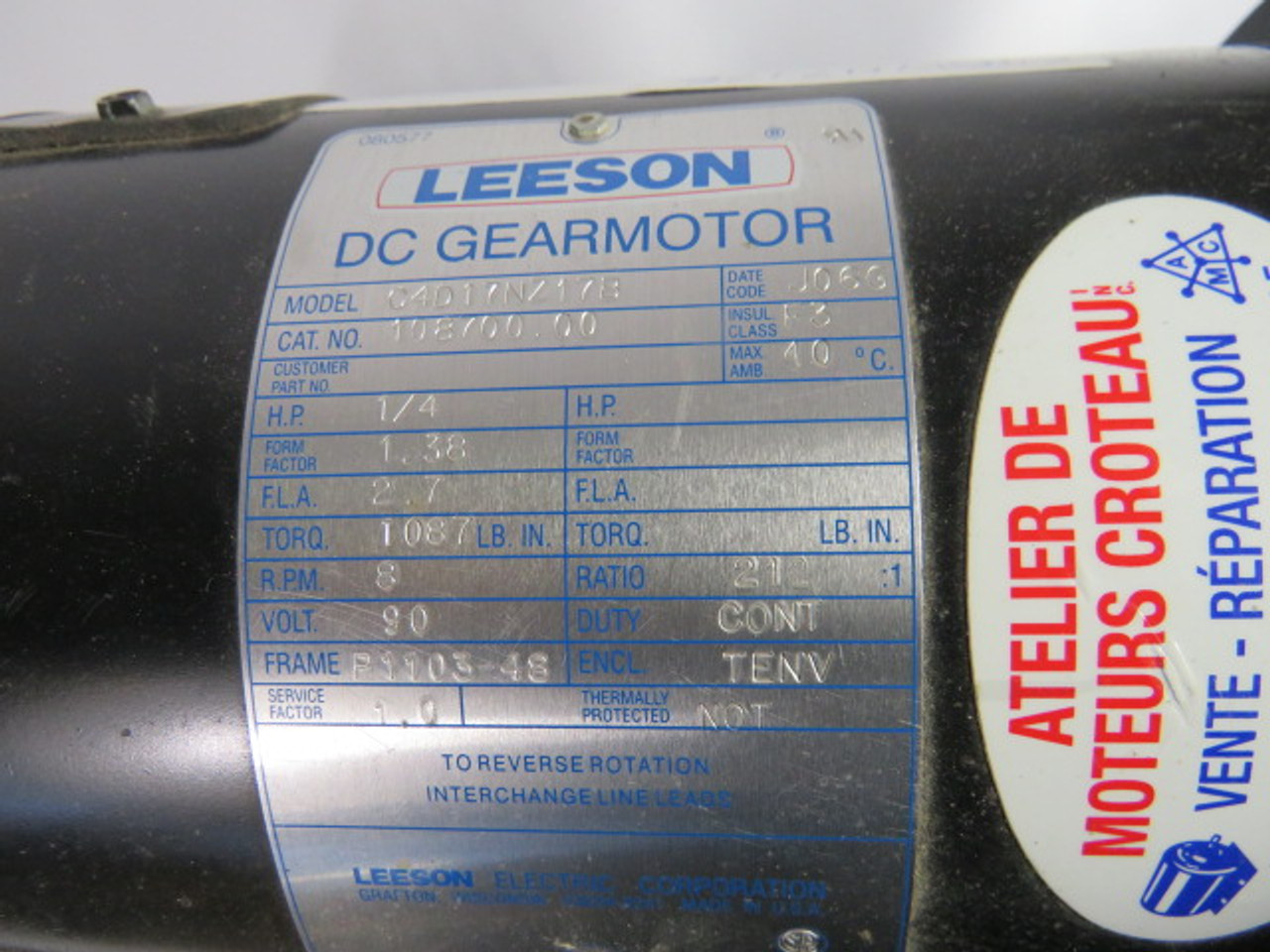 Leeson 1/4HP 8RPM 90V P1103-46 TENV 21:1 Ratio 1087lb-in 2.7A USED